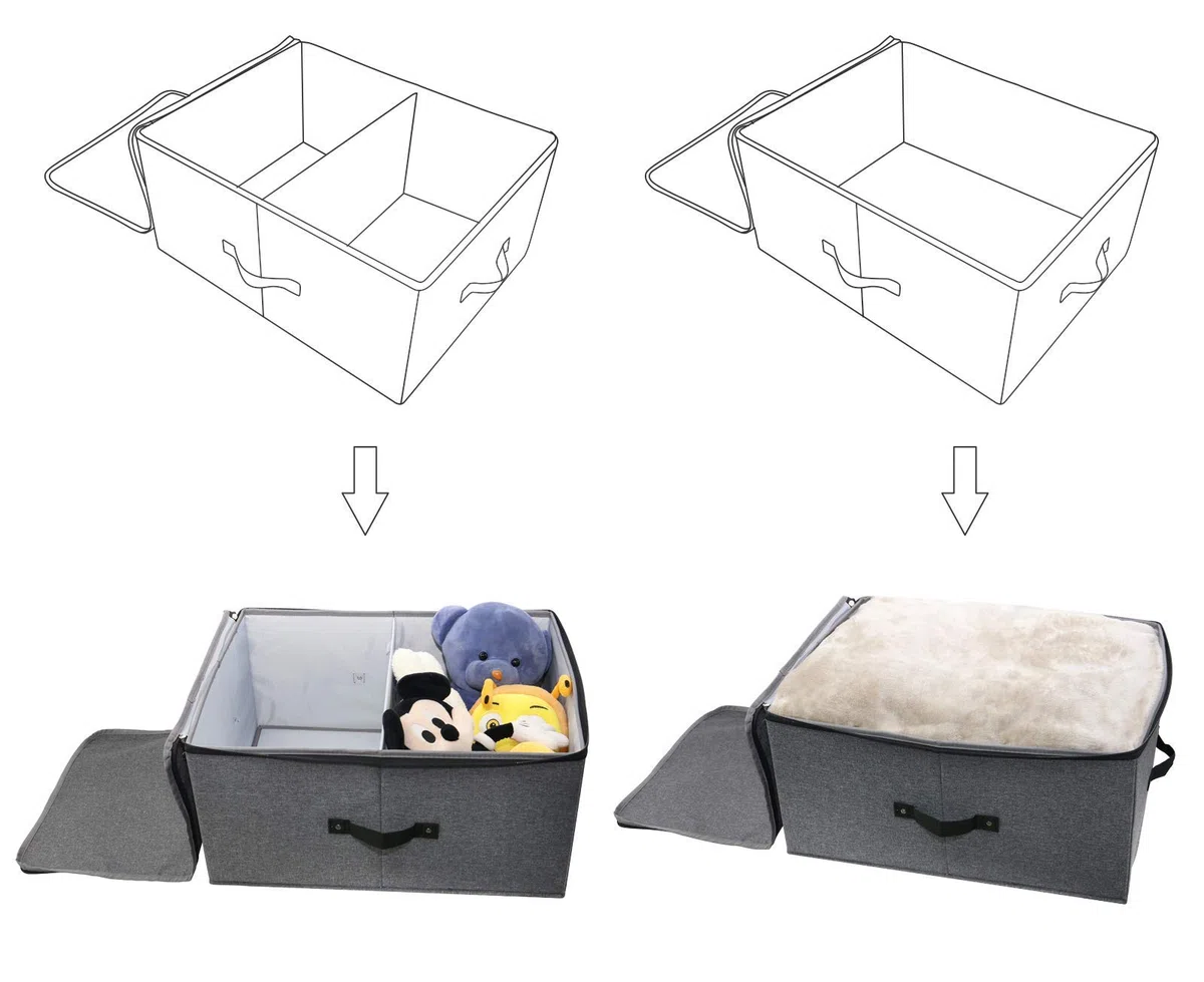 Cubo de Almacenamiento Plegable con Tablero Divisor, 4 Asas, Tapa con Cremallera Mantas Ropa Colcha Caja de Almacenamiento para Dormitorio Armario Estante de Armario, 52x40x26cm, Negro Gris