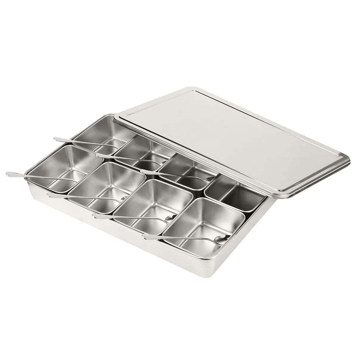 Caja de Condimentos de Acero Inoxidable con 8 Compartimentos, Recipientes Multiusos para Almacenamiento de Condimentos con Rejilla Interior Desmontable y Cuchara, para Especias