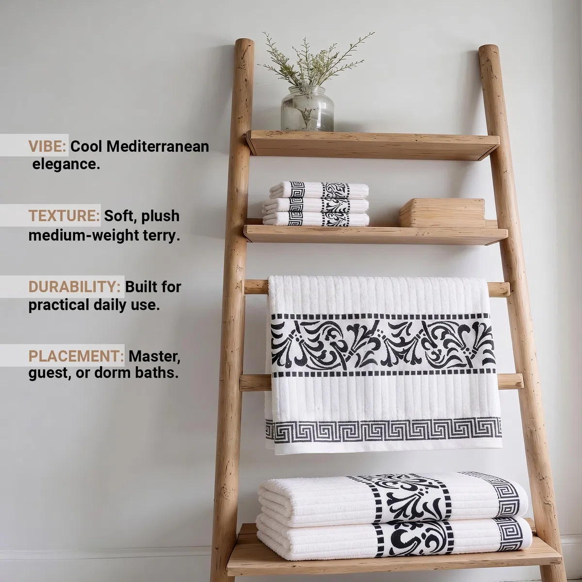 Superior Juego de Toallas Decorativas de 6 Piezas con patrón Griego, algodón Absorbente, decoración para baño, SPA, Incluye 2 Toallas de Mano, 2 Toallas de Cara y 2 de baño, Esenciales