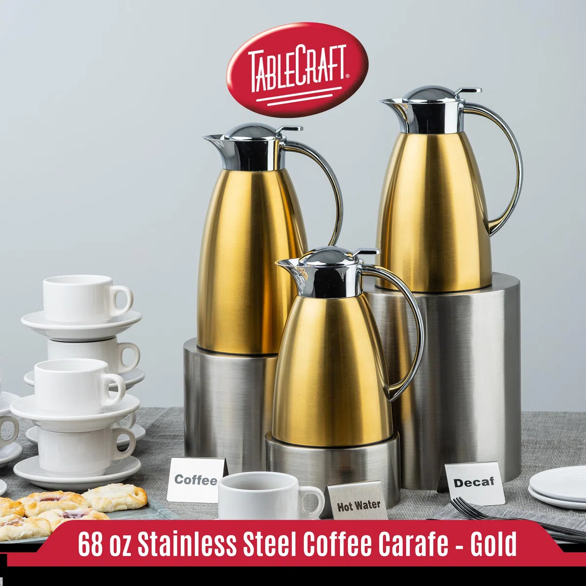 TableCraft 12679 - Jarra de café de acero inoxidable cepillado con acabado PVD dorado, aislado al vacío, dispensador de café ligero a prueba de fugas, para cafeterías, restaurantes y catering