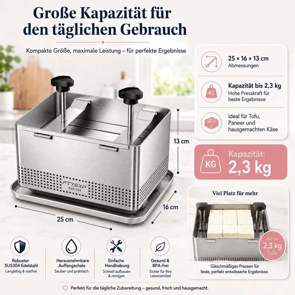 Tofu prensa -304 acero inoxidable vegano Tofu prensa para acelerar la eliminación del agua de la seda en 10-30 min para tofu sólido sólido Exprimidor de queso y jamón sin grieta BPA (XL)