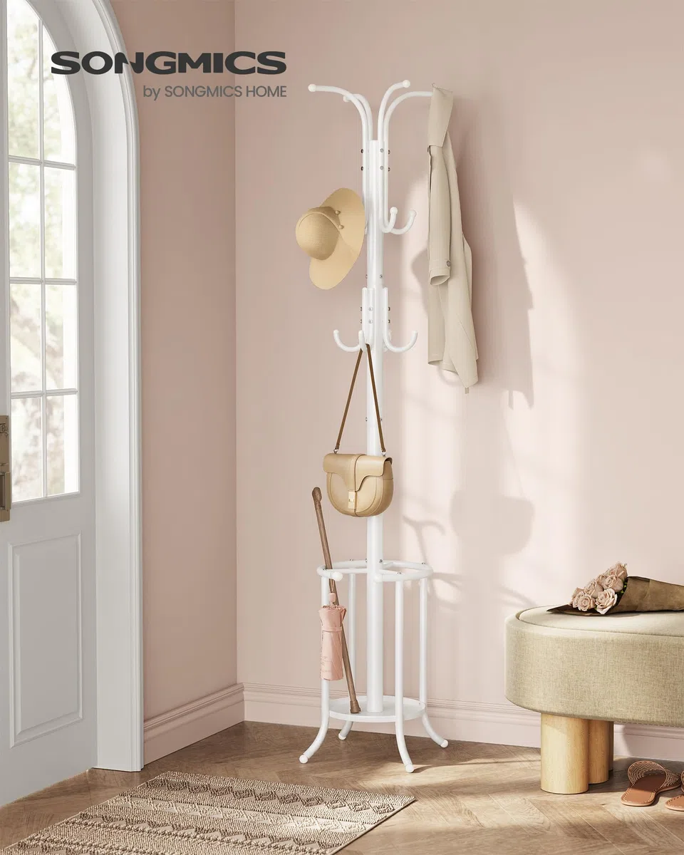 SONGMICS Perchero, Perchero con Paragüero, 12 Ganchos, Estructura Metálica, 175 cm de Alto, para Entrada, Salón, Dormitorio, Blanco Perla RCR011W01
