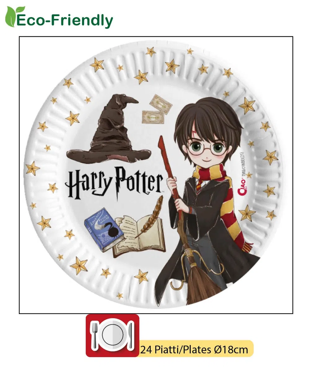 Kit Vajilla de Fiesta Harry Potter para 24 personas (112 pcs: 24 platos Ø23cm, 24 platos Ø18cm, 24 vasos 250ml, 40 servilletas 33x33cm) de papel compostable eco-friendly