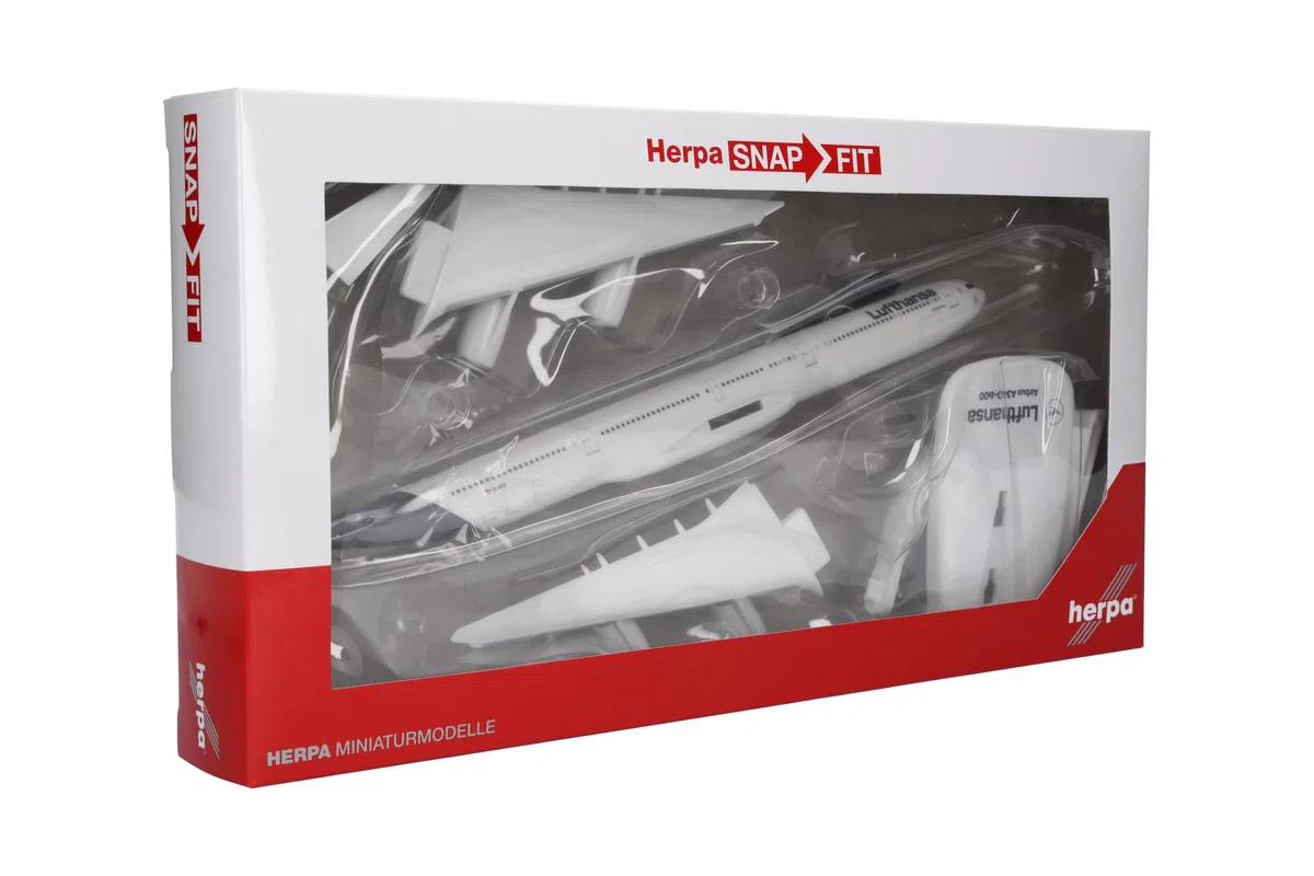 Herpa Miniatura del avión Lufthansa Airbus A340-600 - Snap-Fit, Escala 1/250, Modelo prefabricado, maqueta de colección, modelismo, avión con Soporte, Figura plástico