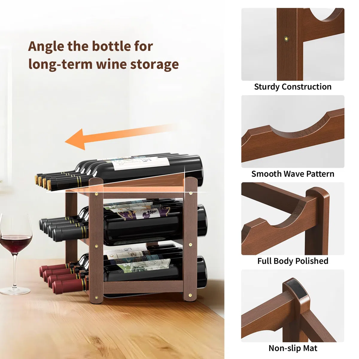 Botelleros para encimera, 3 pisos de 12 botellas de madera, bodega, cocina, enfriador de vino, bar, estante de almacenamiento de vino, 4 soportes para copas de vino (marrón) (CAWR-03)