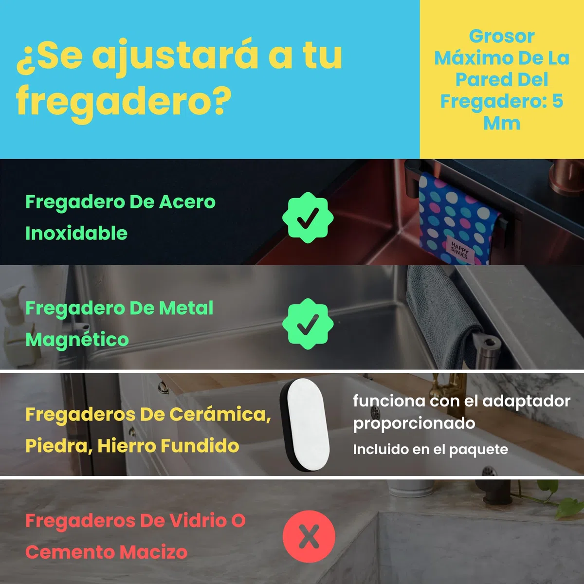 Soporte magnético para paños de Cocina y paños para Fregadero de Cocina, Funciona en fregaderos de Acero, fregaderos de Metal, Fuerte Respaldo magnético (Compuesto)