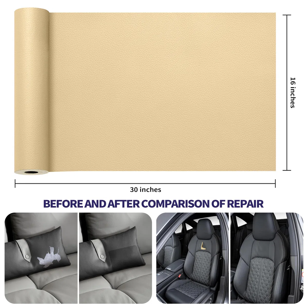Besezx Parche de reparación de cuero beige autoadhesivo, parches grandes de cuero beige de 30 x 16 pulgadas para muebles, kit de reparación de cuero para sofá, asiento de coche, asiento de