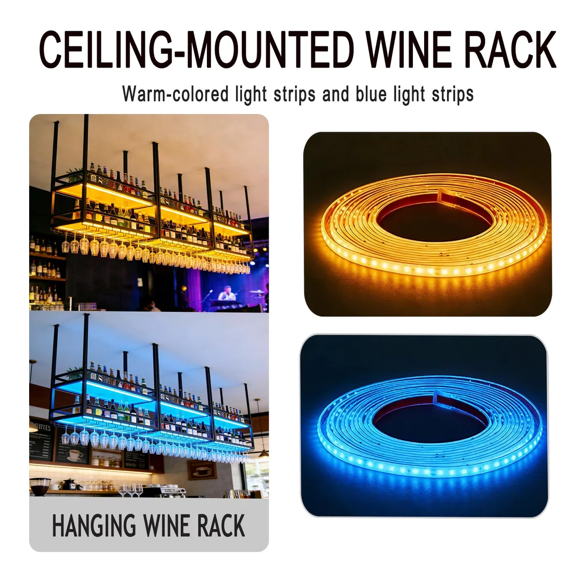 Clasificador de Vinos Colgante, Portavelas para Copas de Vino en Metal, Soporte de Almacenamiento de Vino de 2 Niveles,Exhibidor de Bar,Ideal para Bares,Restaurantes,Cafeterías y Cocina (negro, 80cm)