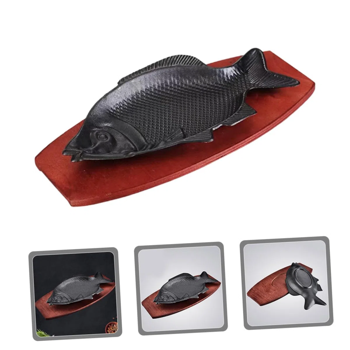 STOBAZA Bandeja de Pescado Resistente al Calor de Hierro con Base de Madera, Fácil de Limpiar, Adecuado para Restaurante y Servir Platos de Aperitivo con Forma de Pez
