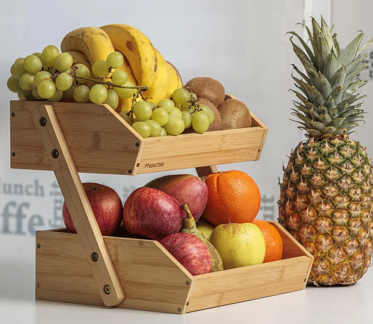 Frutero de Madera de Bambú de 2 Pisos - Organizador de Cocina Moderno - Verdulero y Panera + Corta Pizza de Bambú