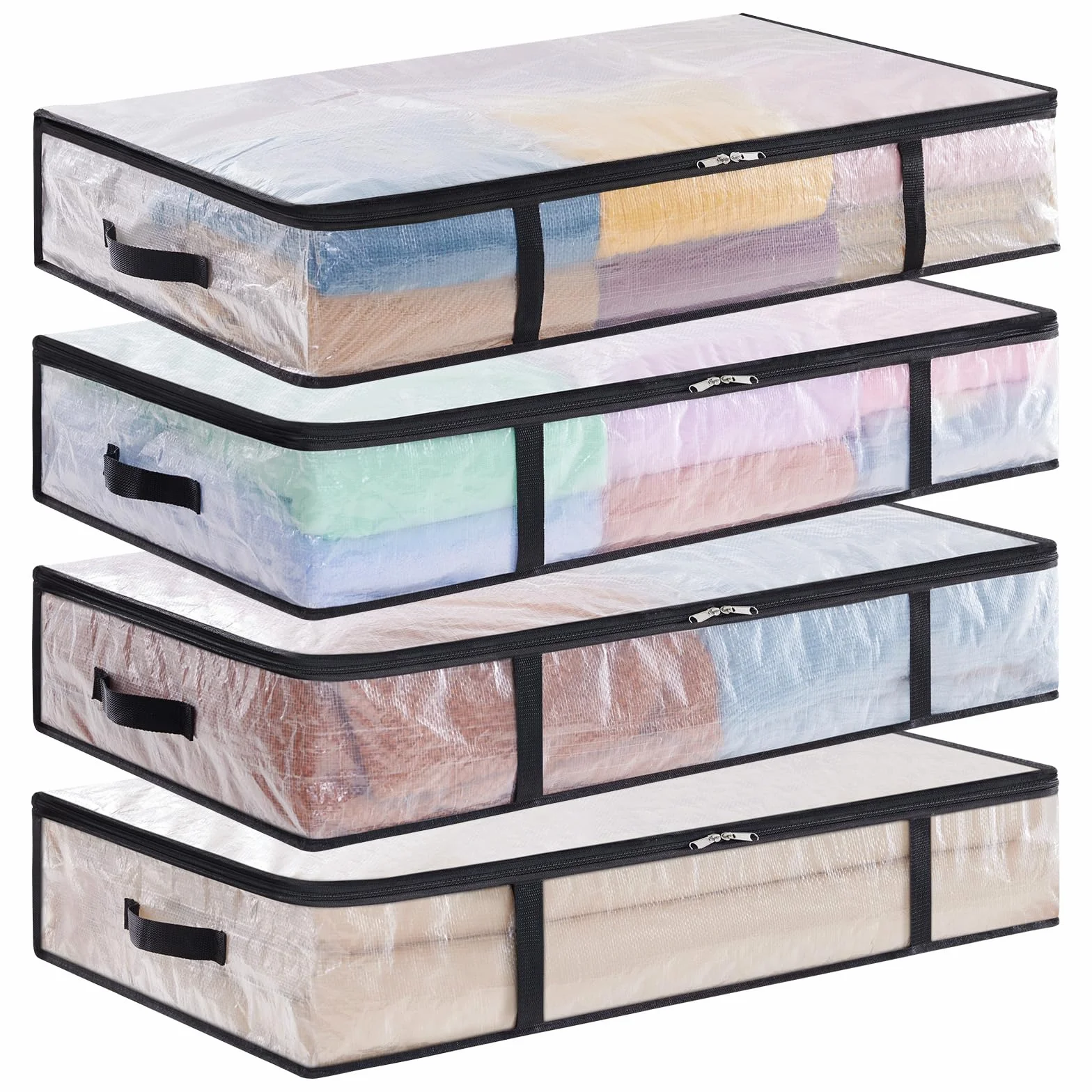 Lifewit Bolsas Almacenaje Ropa Transparentes 60L, Bolsas Debajo de la Cama con Asas, Cajas Almacenaje Plegable de PP, Organizador Armario Para Mantas, Juguetes, 4 Piezas