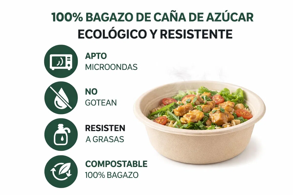 Bol Desechable Bagazo de Caña de Azúcar – Apto Microondas – Biodegradable y Compostable – Antigoteo – Para Caliente y Frío – Kraft Natural o Blanco – 350 ml / 500 ml / 900 ml (100, BLANCO, 500 ml.)