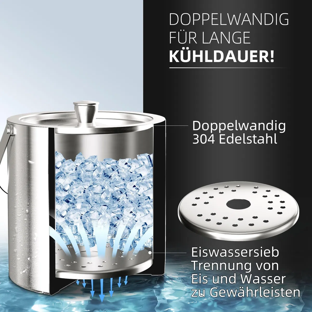Cubitera de acero inoxidable de 2 litros, con tapa y pinzas y colador, 100% libre de BPA, recipiente para hielo de doble pared, cubo de hielo para cubitos de hielo, enfriador de hielo, perfecto