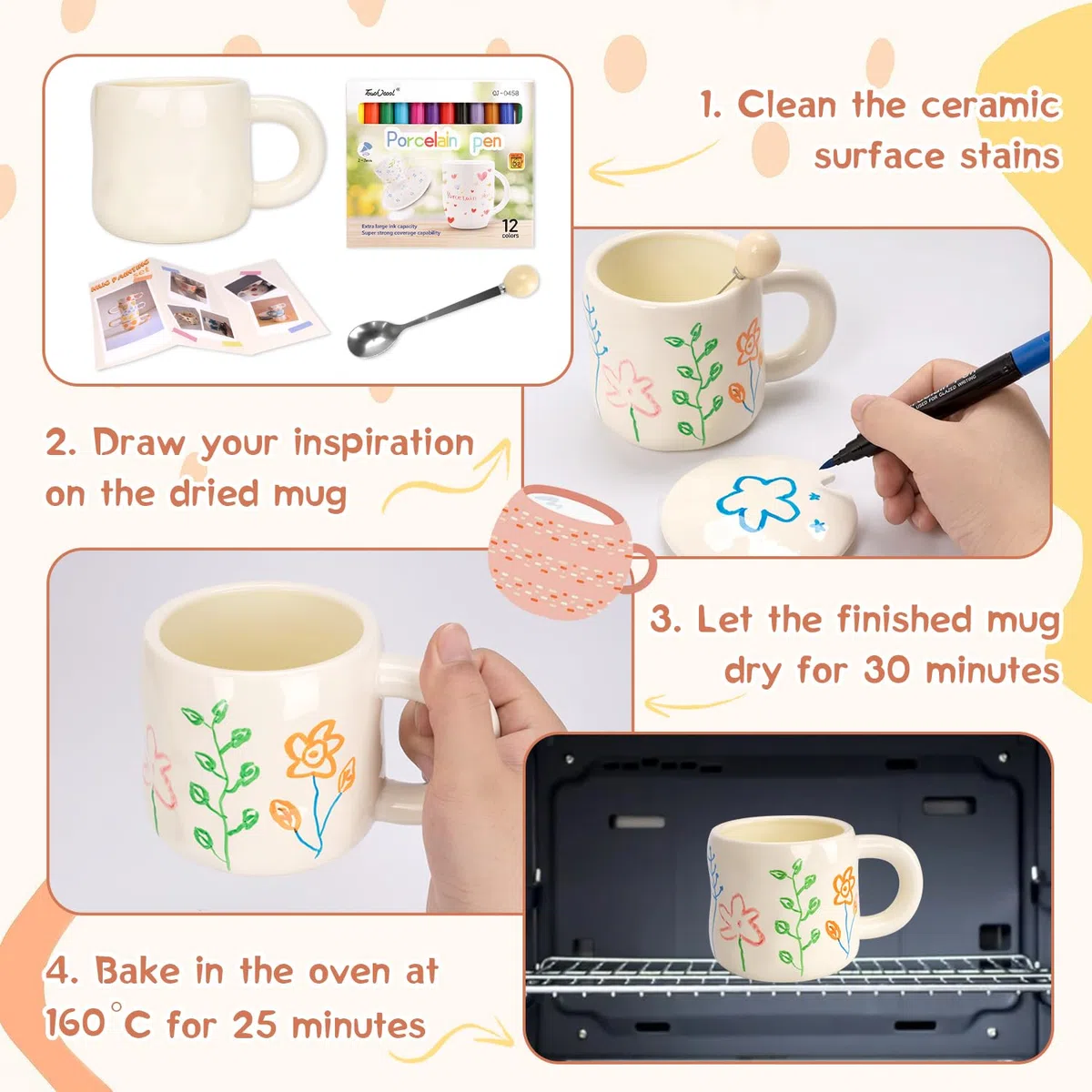 KKSJK Pintar Cerámica Kit Taza, Tapa, Asa y Cuchara, Taza Blanca y Rotuladores de Porcelana, Kit de Bricolaje Ocio Creativo para Adultos, Aptos para Lavavajillas
