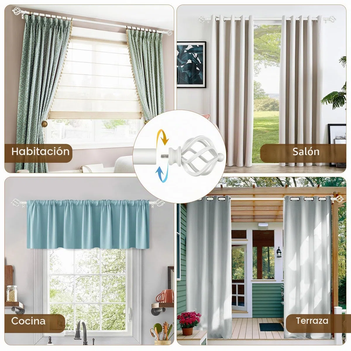 KAMANINA Barras de cortina blancas de 80 a 148 cm, barras de cortina decorativas ajustables para cortinas con ojales, 19 mm de diámetro con remates trenzados