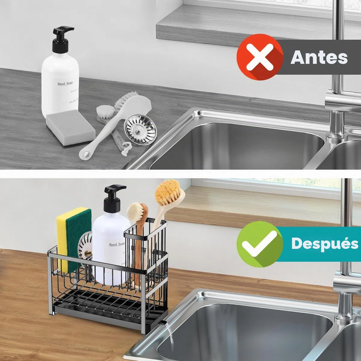 Sinnsally Organizador de fregadero de cocina, 2 niveles para fregadero de cocina, soporte de esponja, organizador de acero inoxidable, soporte para detergente, organizador de cocina, utensilios de
