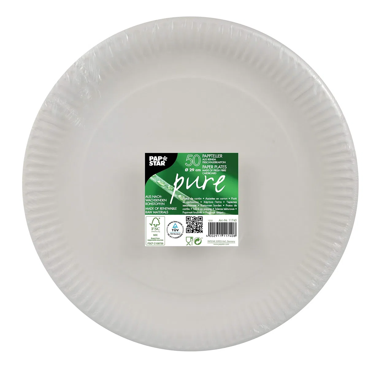 Papstar 11740 - Platos desechables, redondo, 29 cm de diámetro, certificado FSC, apto para alimentos, Blanco, paquete de 50 unidades