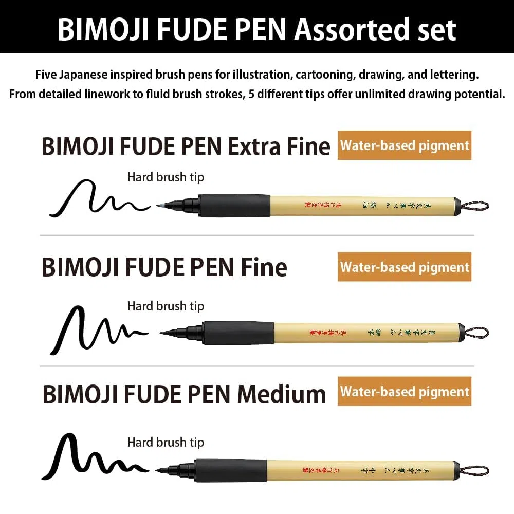 Kuretake Bimoji Rotulador Pincel, Extra Fino, Fino, Medio, Ancho, Medio/Cerdas, Juego de Valor de 5
