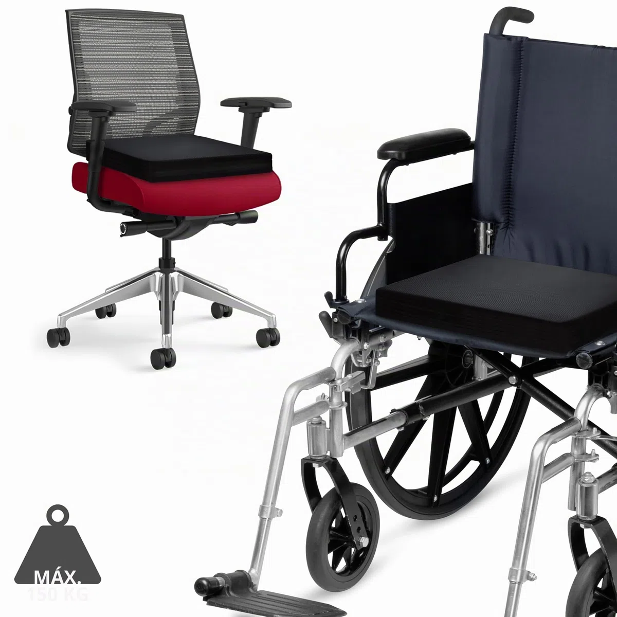 AIESI® Cojín Antiescaras para silla de ruedas y sillon (cm 44x44x8h) de espuma de poliuretano con almohadilla interior de gel viscoelástico y correa de sujeción, Certificado CE, Garantía de 24 meses