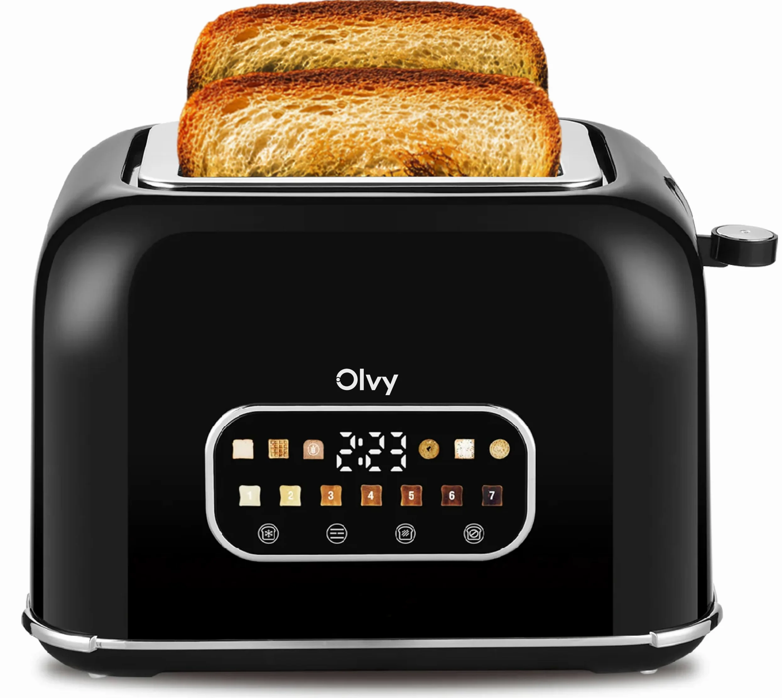 Olvy Tostadora 2 Rebanadas con Pantalla LCD y Temporizador – Ranuras Extra Anchas para Pan Grueso – 7 Niveles de Dorado, Descongelar y Recalentar – 900W – Negro