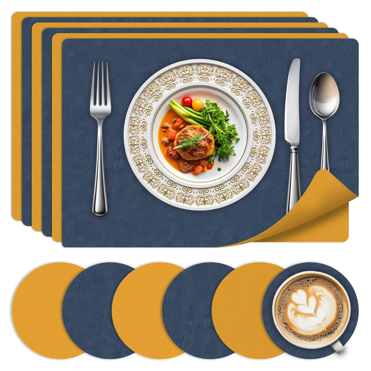 Juego de 6 Salvamanteles y Posavasos - Salvamanteles Lavables Resistentes al Calor, Diseño de Cuero de Doble Cara Antideslizante para Cocina, Hogar, Restaurante