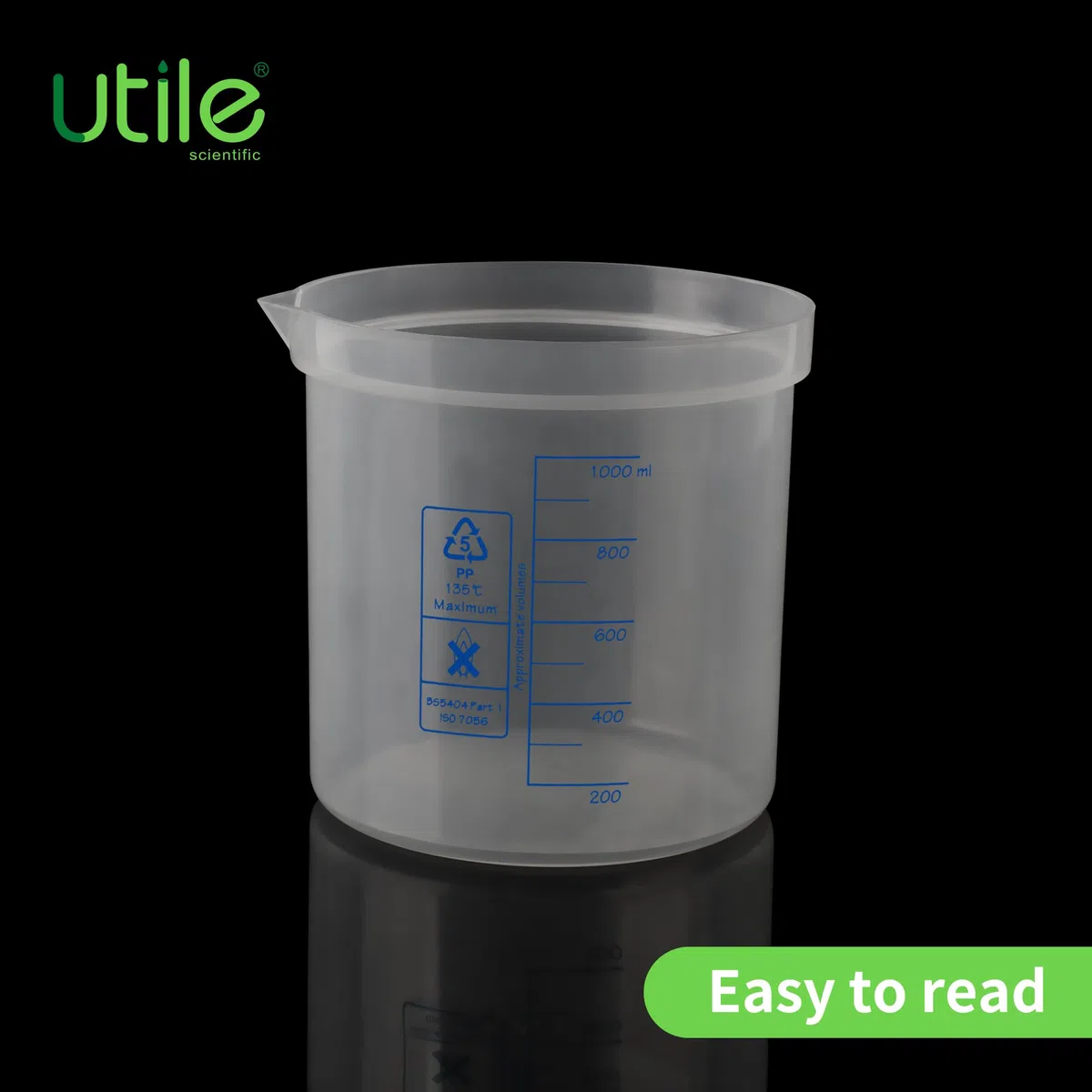 Utile Juego de vasos de precipitados de plástico, 2 unidades de 1000 ml con escala impresa azul, vasos de medición graduados de polipropileno, 4007.0281.02