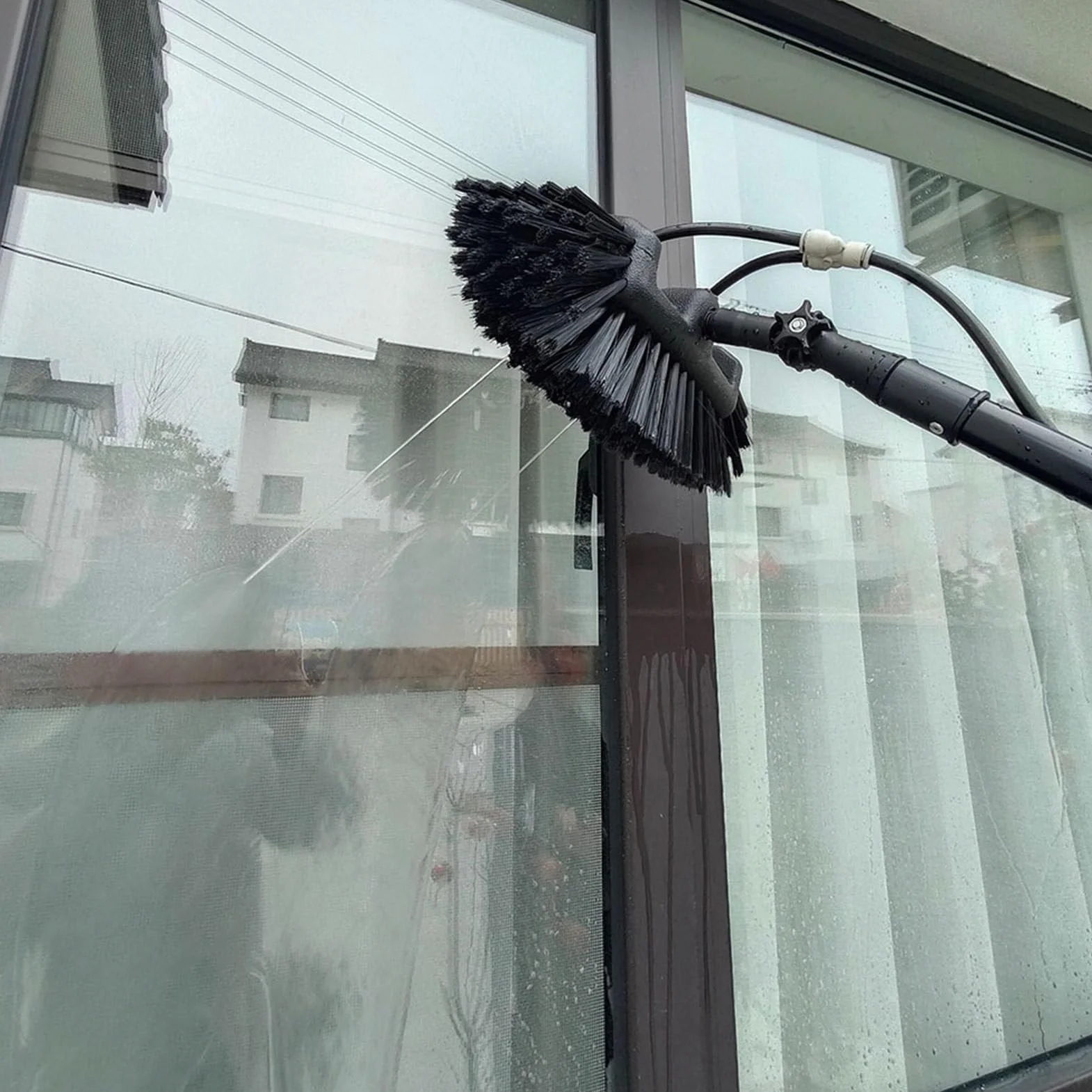 Pértiga de Limpieza de Ventanas de 5 a 12 m con Cepillo telescópico y depósito de Agua, se extiende para Limpiar techos, Paneles fotovoltaicos y solares, Cabezal de cepil
