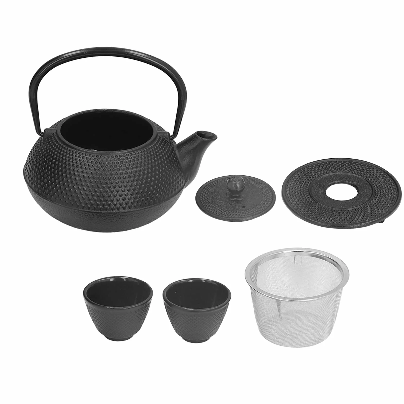 Aramox Juego de Tetera de Hierro Fundido, Juego de Tetera Japonesa de 800 Ml con 2 Tazas, de Hierro Fundido para Hervir y Preparar, de Estufa Negra Grabada para Amantes del té, Uso Familiar