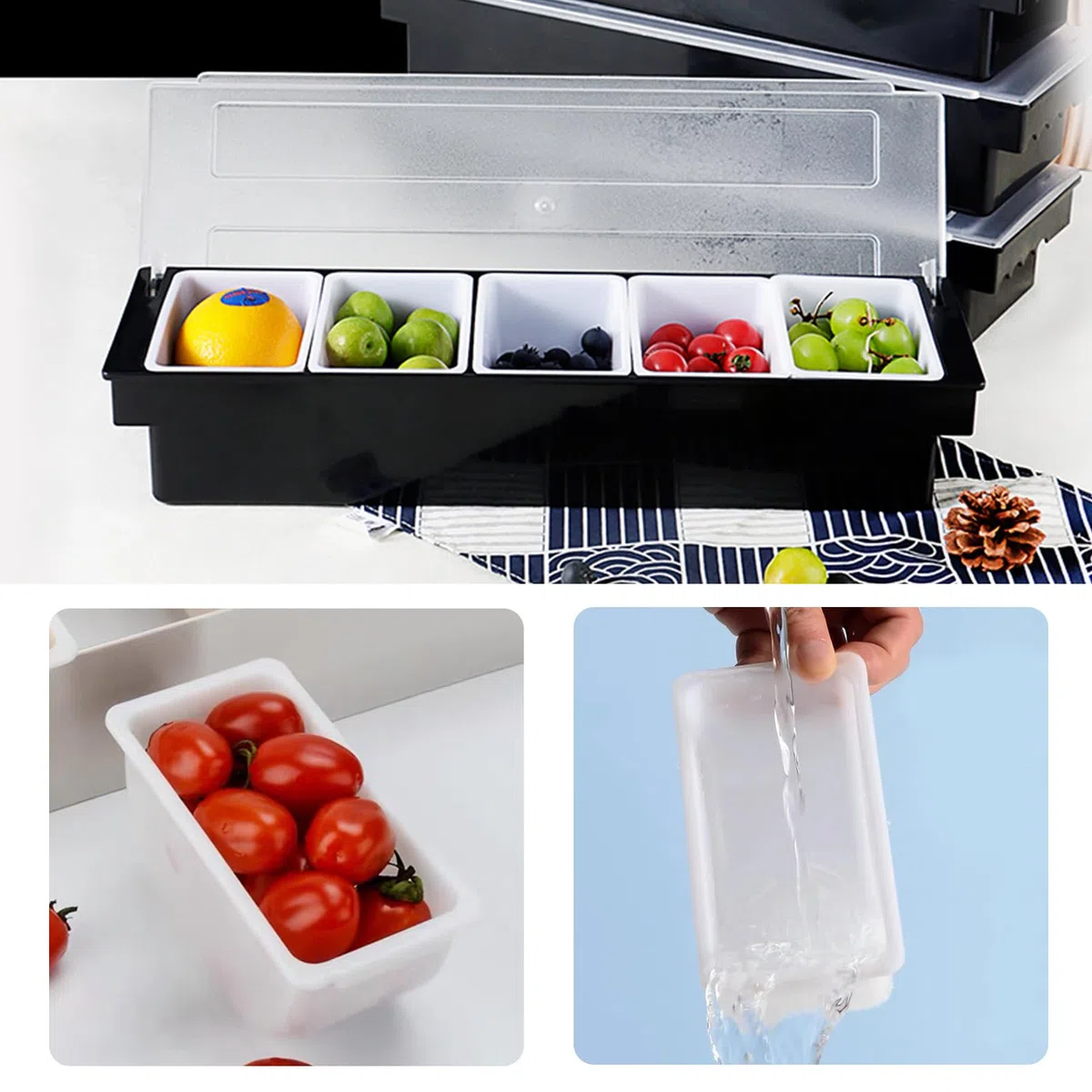 Cesta Para Frutas Con Tapa, Bandeja Dispensadora De Plástico Con Compartimentos Para Decorar Barras, Dispensador De Alimentos Y Condimentos Para Servir Tacos/Helados/Fruta/Ensaladas (5 Compartimentos)