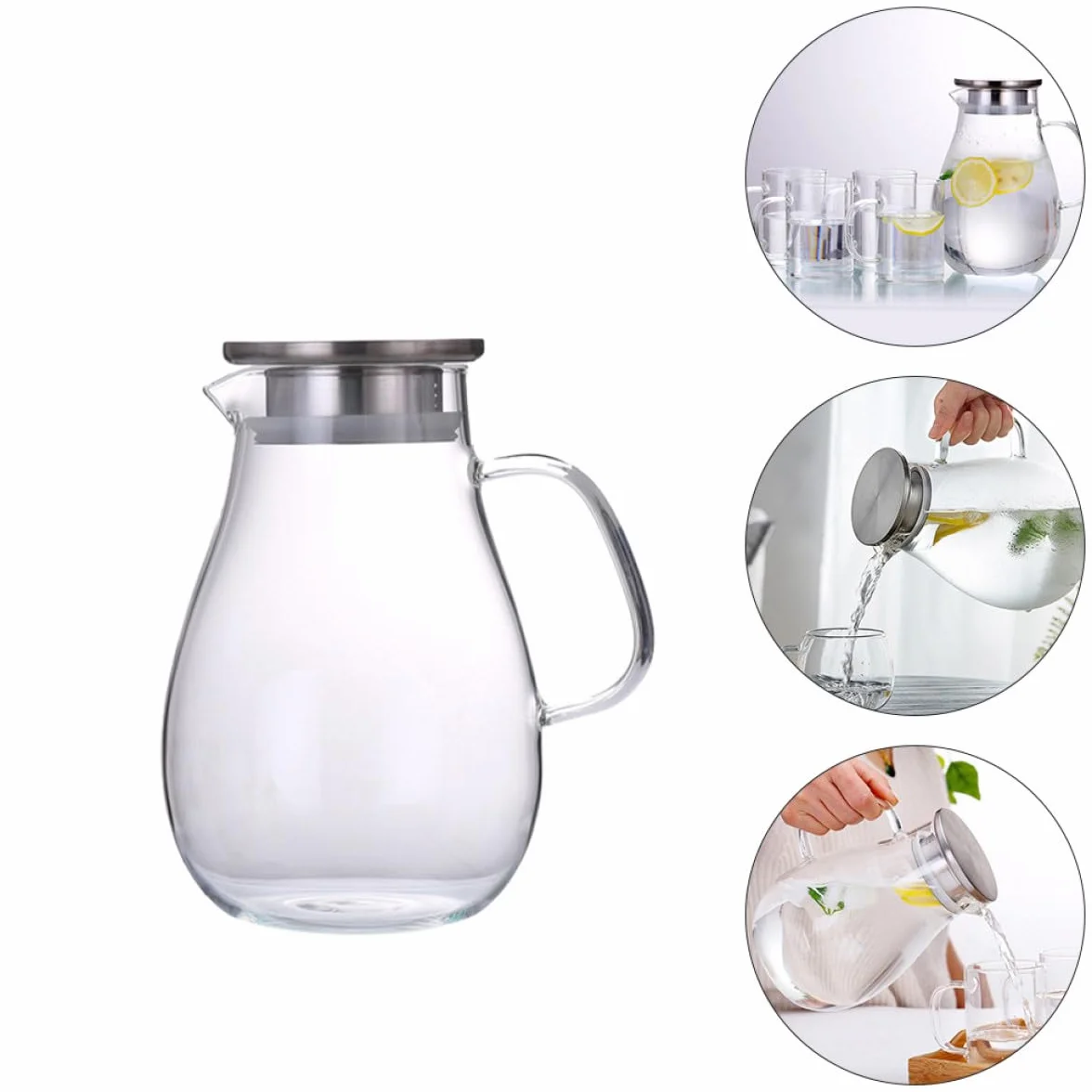 SHINEOFI Jarra de Agua de Vidrio de 2000 Ml Tapa Antigoteo Hervidor de Bebidas Multiusos Hogar Botella Práctica para Jugo y Agua Fría