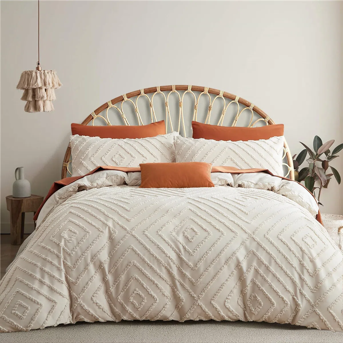 Tospass Juego de ropa de cama beige de 220 x 240 cm con bordado hecho a mano, estilo vintage con mechones, estilo bohemio, estilo shabby chic, microfibra lavada, 1 funda nórdica con cremallera, 2