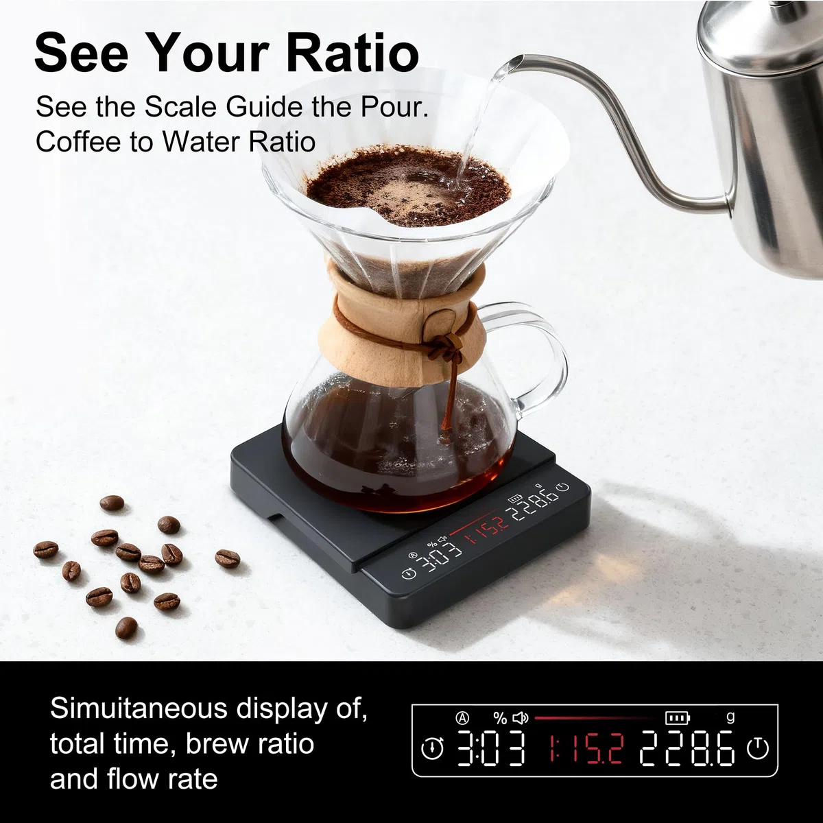 Báscula de café con temporizador, 2 kg/0,1 g, proporciones y visualización de caudal | Báscula de espresso recargable, para vertido, prensa francesa, precisión de grado barista, negro, pesaje digital de cocina