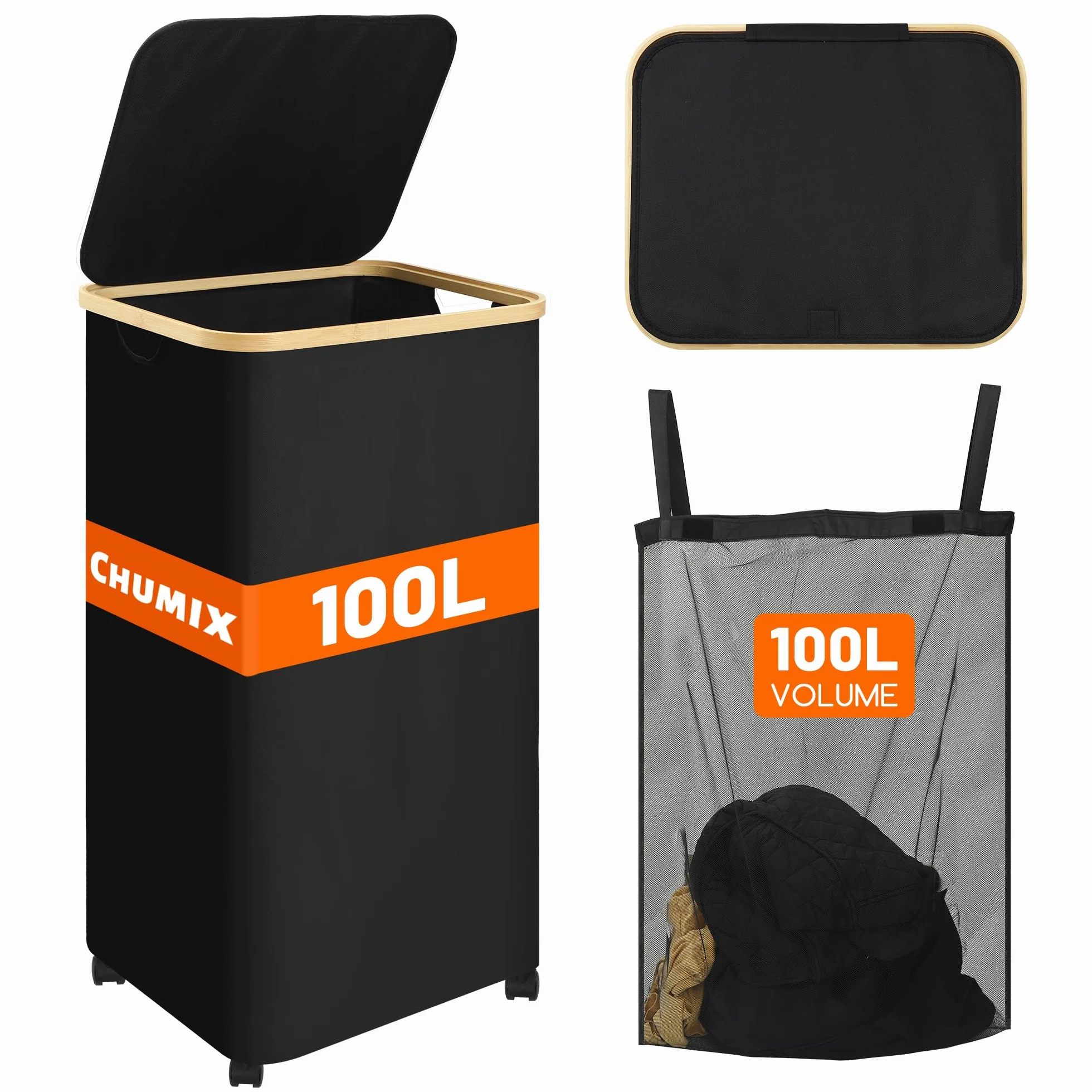 Cesto Ropa Sucia con Tapa, 100L Cesta Ropa Sucia con Ruedas, Cubo Ropa Sucia Plegables con Mango de Bambú, Bolsa Interior Extraíble y Lavable, para Baño, Dormitorio, Lavadero, Nero