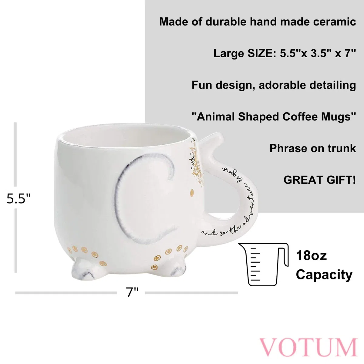Tazas de café o té de cerámica blanca: taza de café de elefante con diseños impresos a mano y texto impreso, 18.6 onzas líquidas, taza hecha a mano