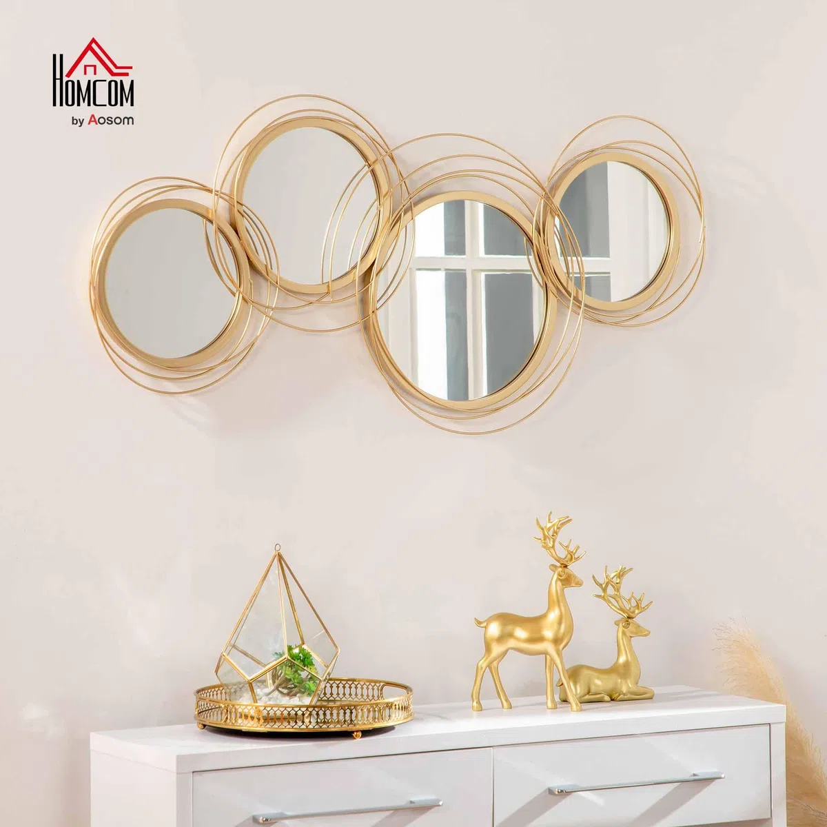 HOMCOM Decoración de Pared de Metal 3D Espejos Redondos 107x56 cm Dorado | Escultura de Espejos Redondos, Adornos Metálicos, Salón Dormitorio Cocina, Recibidores