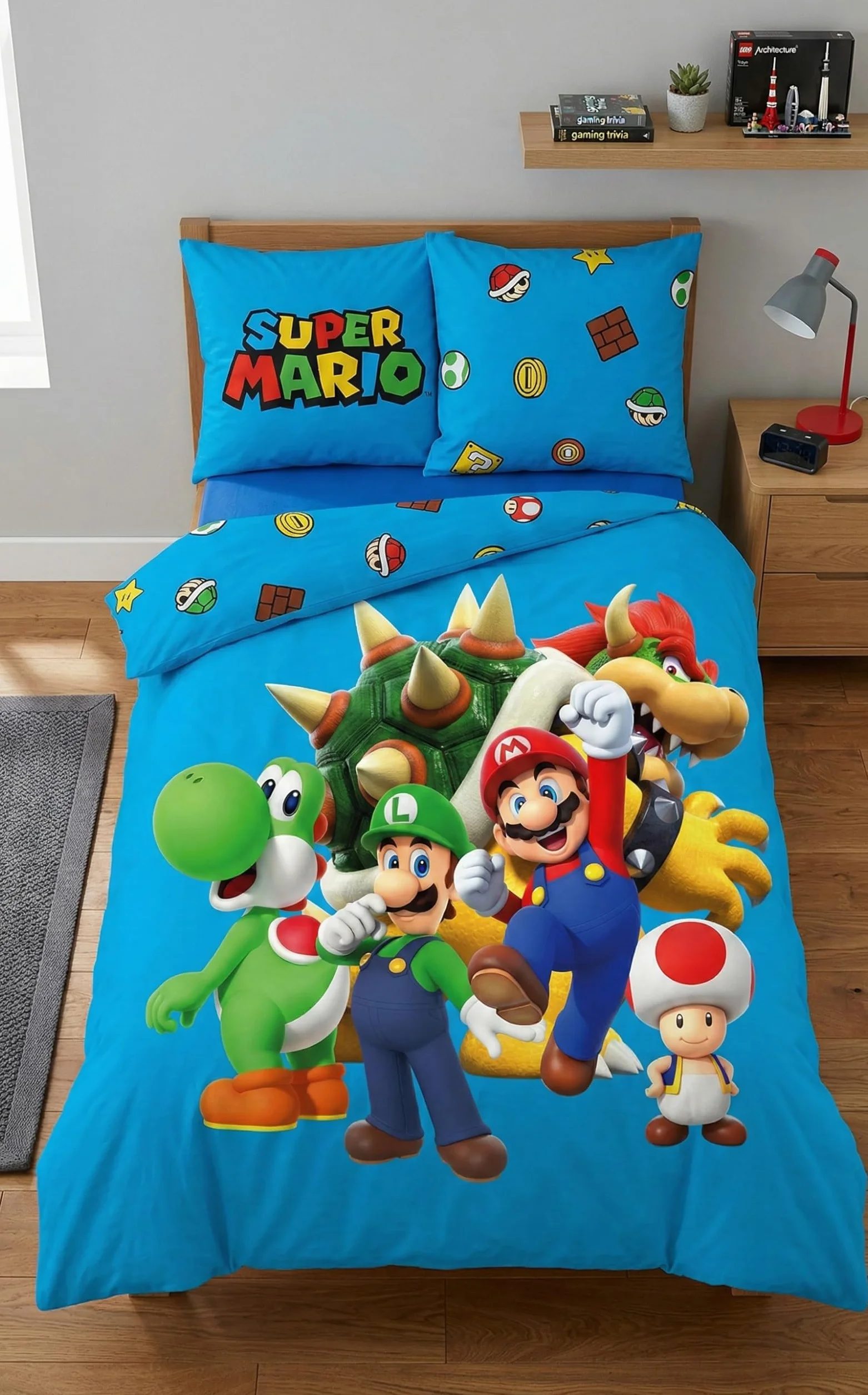 Juego de funda nórdica y funda de almohada, color azul Super Mario, 135 x 200 cm + 80 x 80 cm, con Mario, Luigi, Toad, Peach, Wario & Yoshi, talla alemana