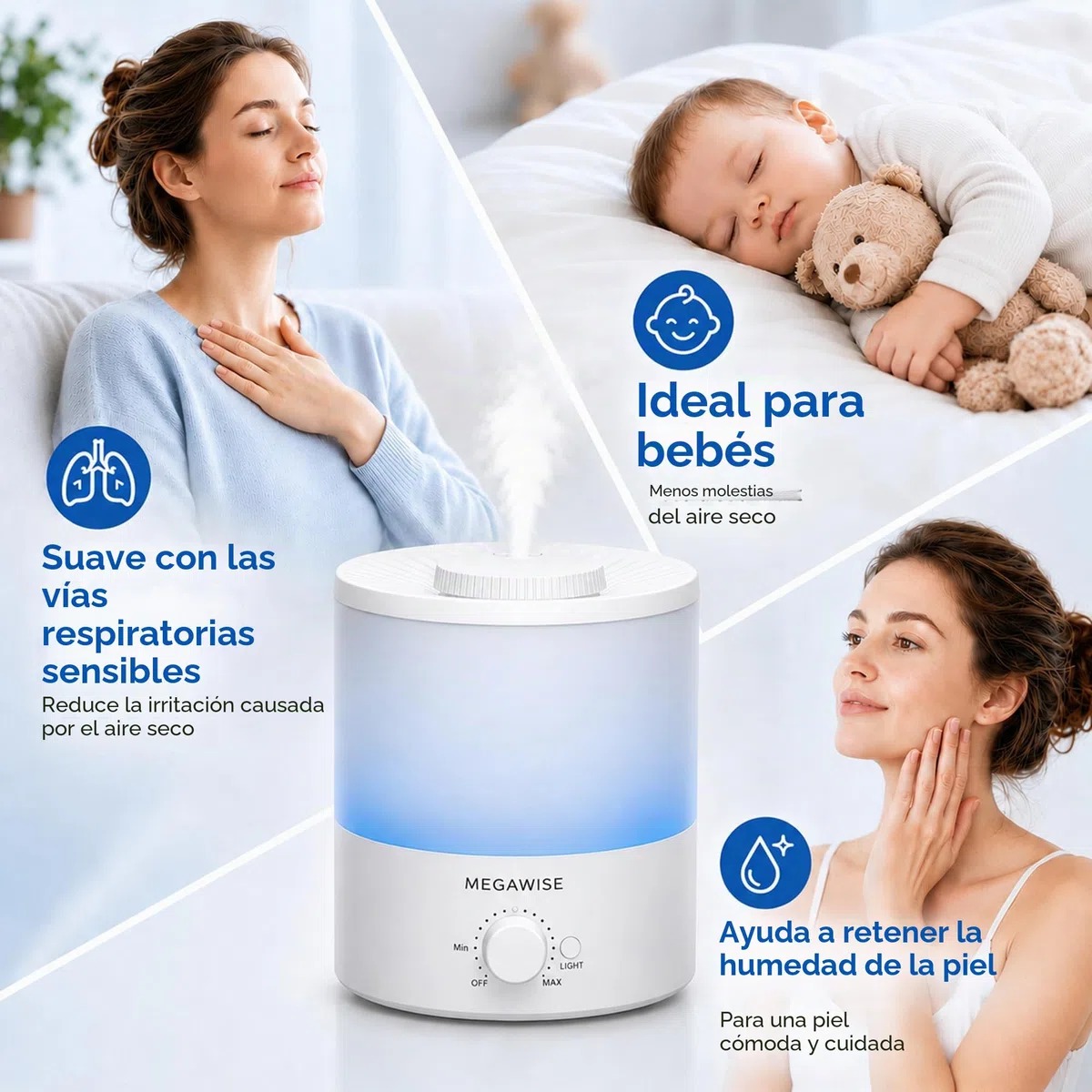 MEGAWISE - Humidificador, bruma fresca, ideales para dormitorios, cuartos de bebés, oficinas y plantas, difusor aceites esenciales, 1,5 l, salida ajustable, ultrasónico silencioso, 25 dB, hasta