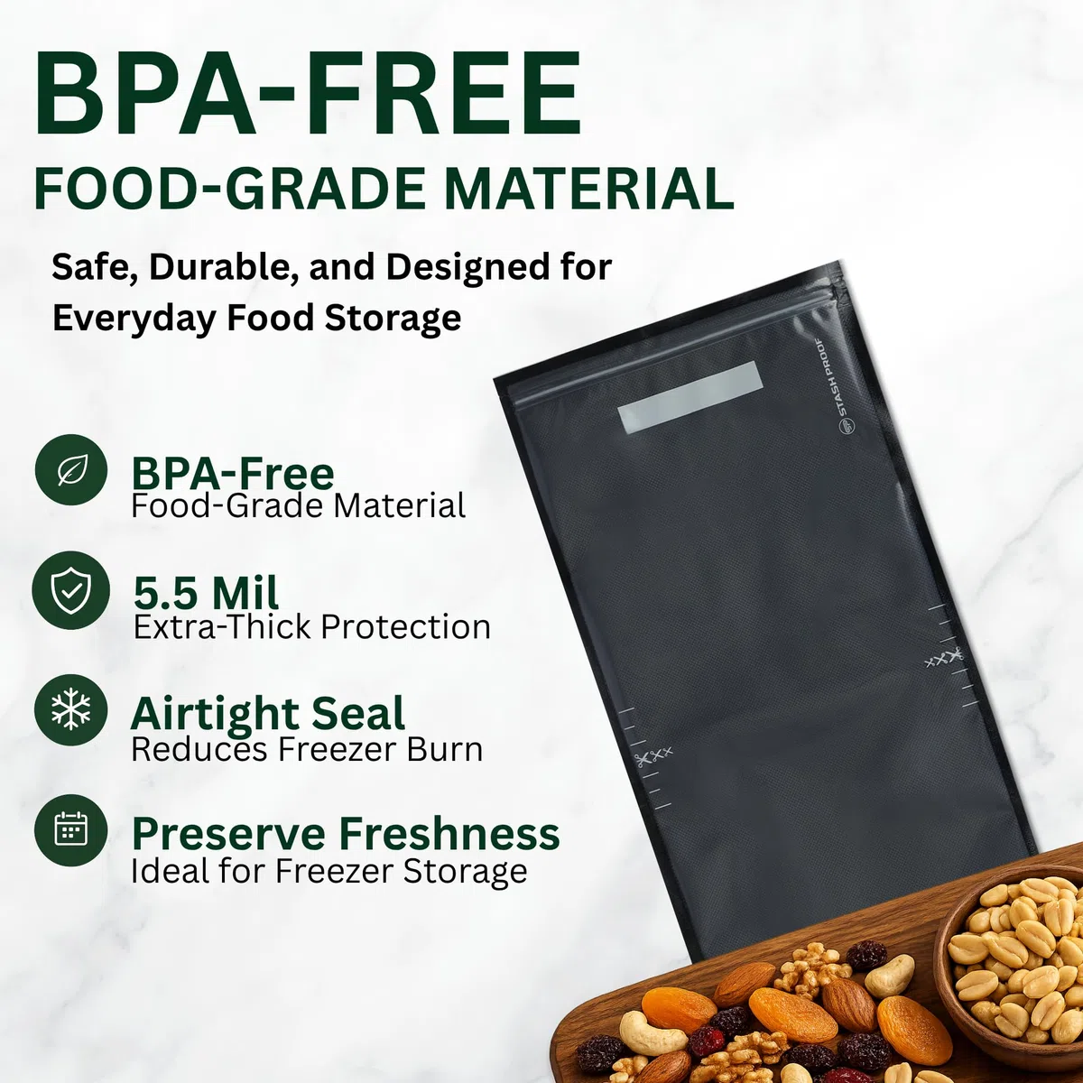 Bolsas de sellado al vacío con cremallera de 11 x 24 pulgadas (50 unidades) 5.5 mil (negro y transparente), sin BPA, de grado comercial, ahorro de alimentos para almacenamiento, al vacío y