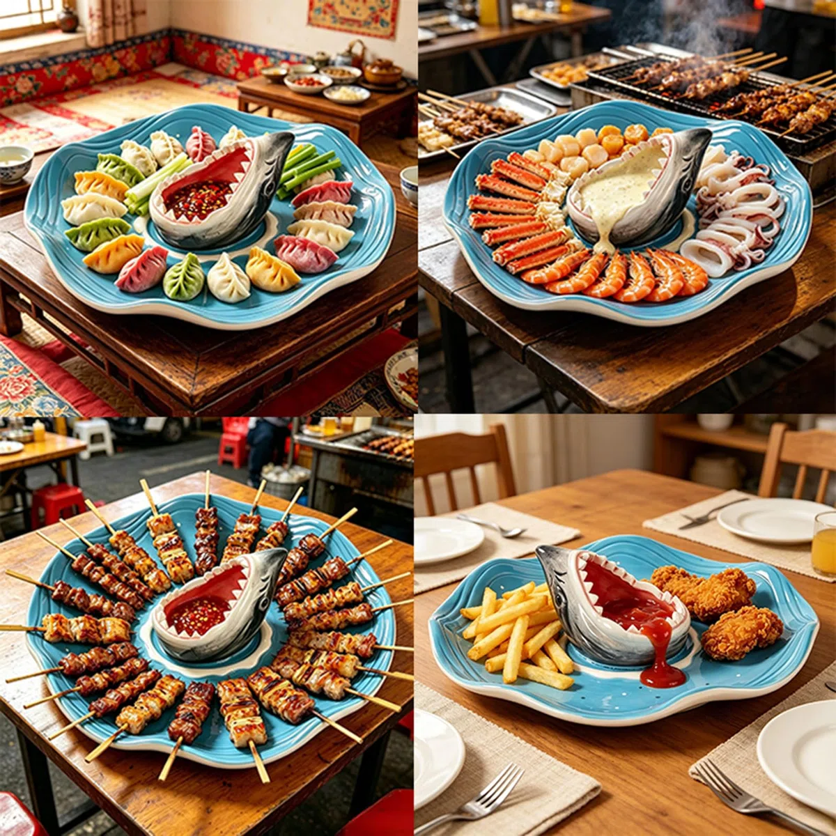 Bandeja de Tiburón para Sushi Fuente cerámica con compartimento de salsa | Bandeja Aperitivos de Cerámica para charcutería tacos cheeseburger mariscos camarón sardina snack palomitas cumpleaños