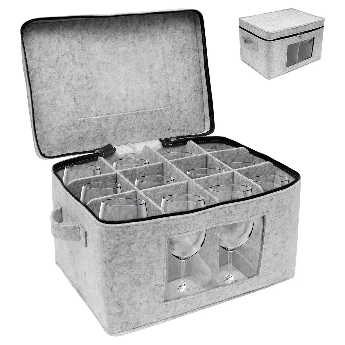 Caja de almacenamiento para copas de vino, organizador con 12 compartimentos y asa, ventana transparente, caja de cartón para 12 copas de vino, copas de vino tinto, copas de champán, copas