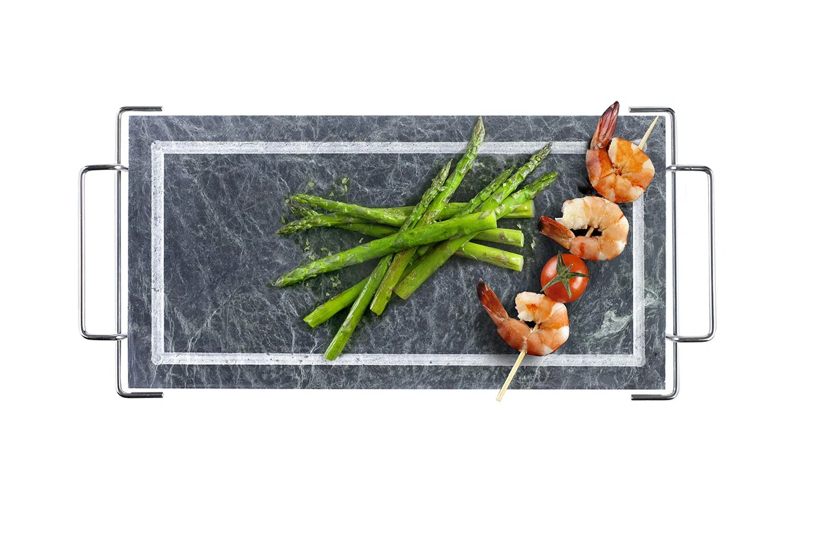 IBILI 755000 Grill Piedra, Acero Inoxidable, Incluye Piedra con Soporte, Bandeja y 2 lamparillas, Plata, 37 x 18 cm