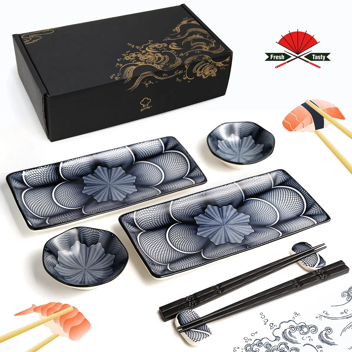 ELUSH Juego de 8 platos de sushi de cerámica de estilo japonés de 10 pulgadas, platos rectangulares de sushi, 2 platos de sushi, 2 platos de salsa, 2 pares de palillos, 2 soportes para palillos