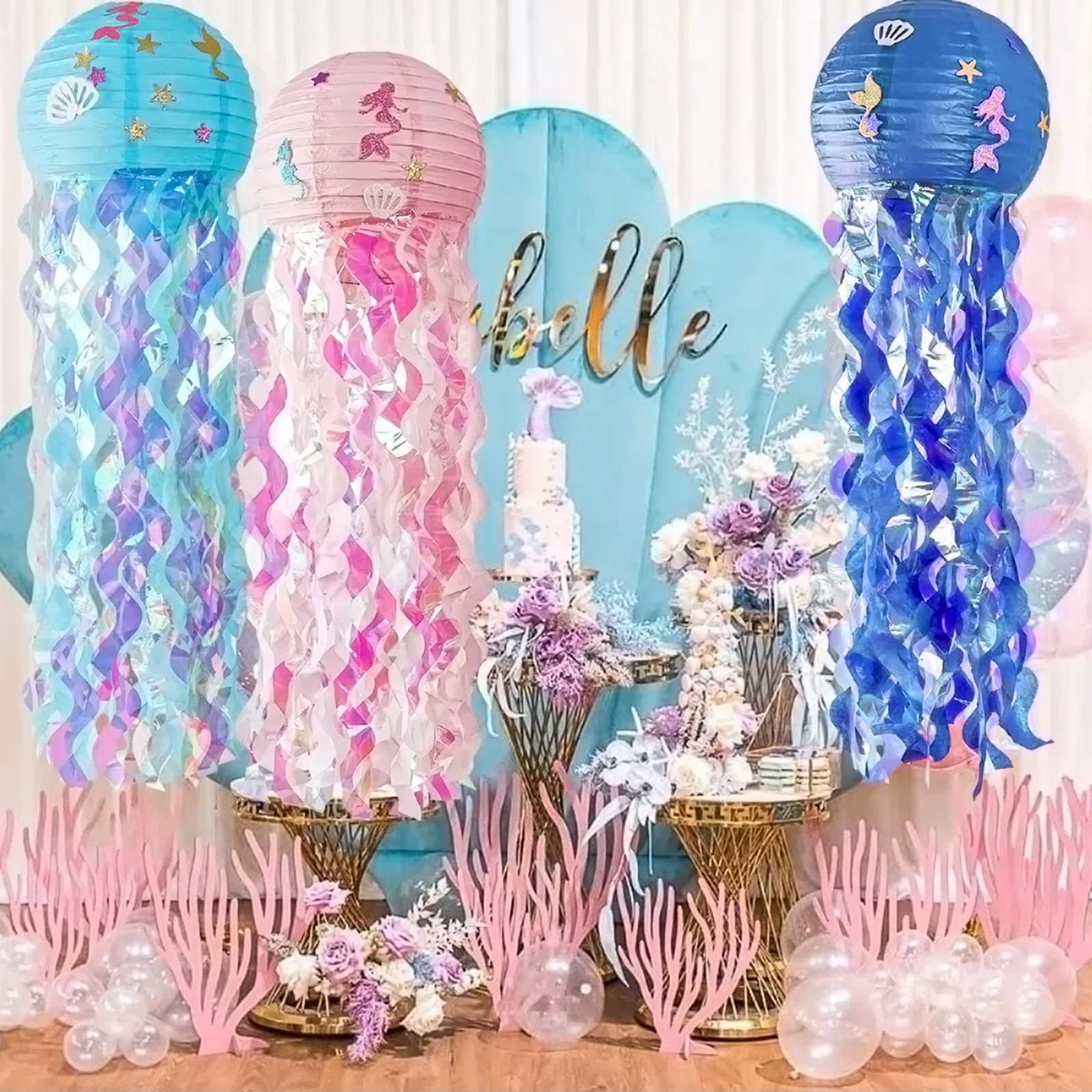 2 Pieza Linternas de Papel de Medusas, Linternas Decorativas de Sirena, Decoraciones de Fiesta de Cumpleaños, Suministros de Fiesta Temática del Océano