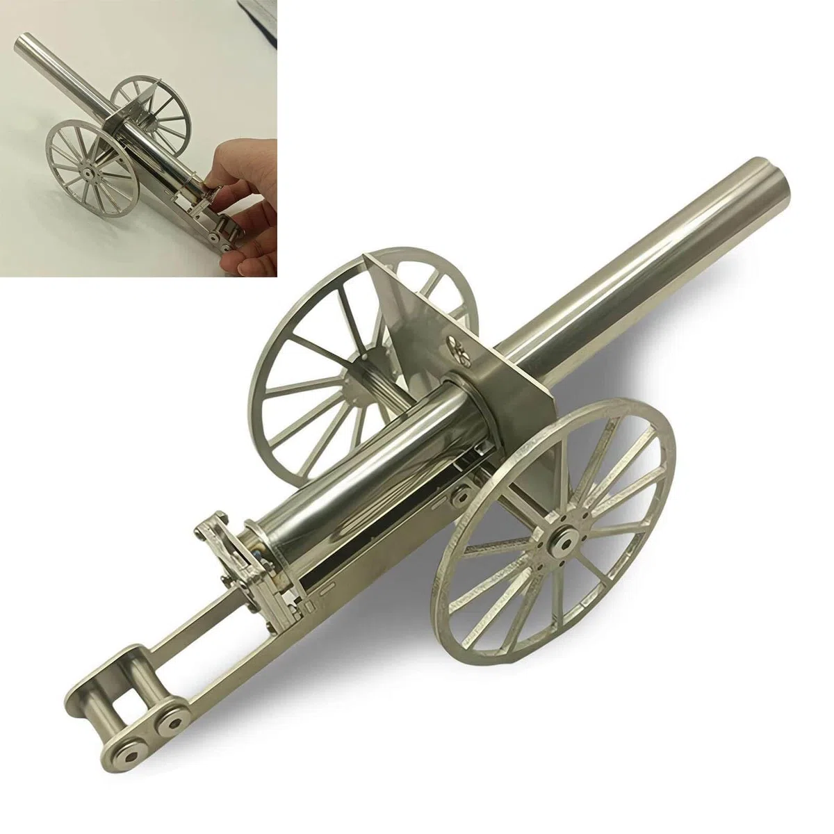 Cañón de artillería de petardo, modelo de mini cañón de acero inoxidable, lanzador de petardos, cañón de artillería con 2 ruedas, colección de artillería, adornos de escritorio para fanáticos