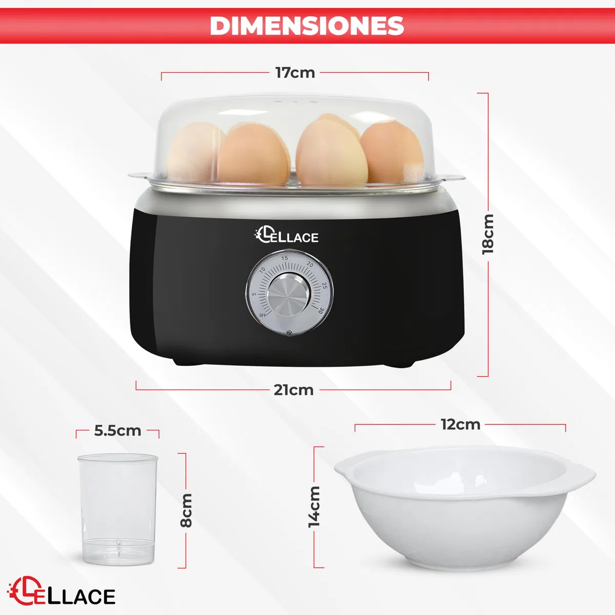 Cuece Huevos Eléctrico con Temporizador Manual y Alarma. Cocedor de 1 hasta 7 huevos para hacer Huevo Duro, Mollet o Pasados por Agua. Egg Boiler de 400W con Cuenco para huevo Poché. (NEGRO)
