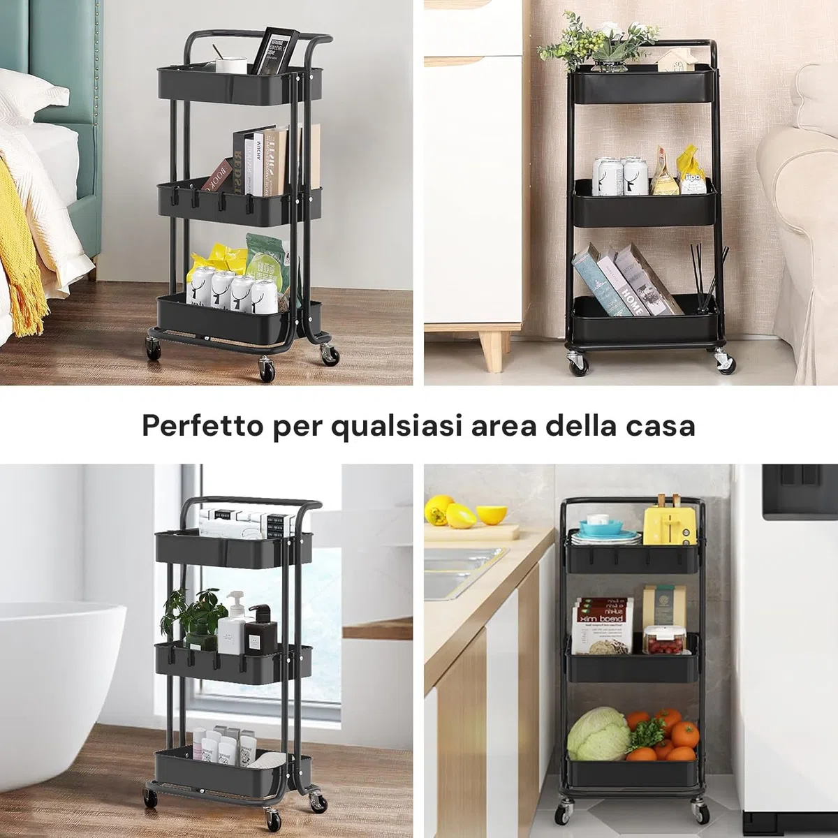 Wintem Carro de Cocina Ahorra Espacio con Ruedas y 3 estantes, 42 x 37 x 77 cm, Color Rosa – Ofrece Suficiente Espacio para Objetos de Diferentes Dimensiones y es fácil de maniobrar Incluso Cuando –