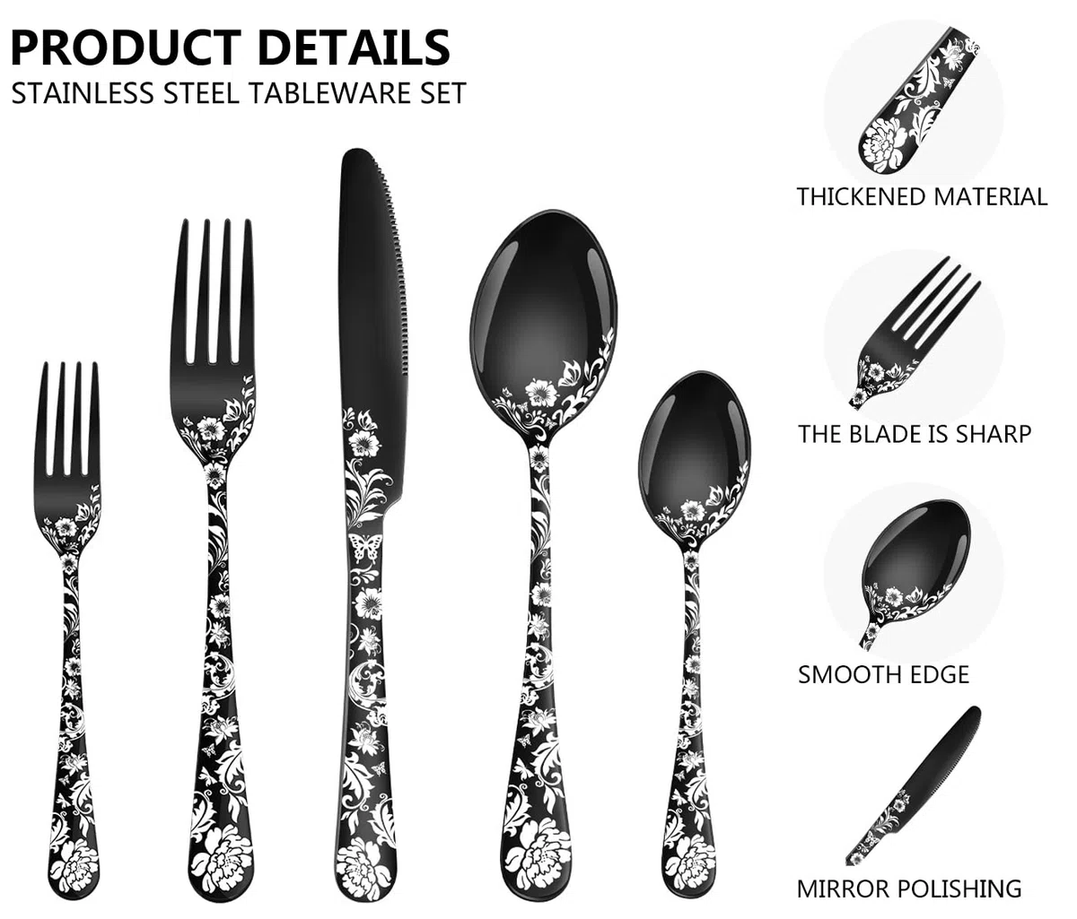 XIAOYU Juego de Cubiertos de Flores de Peonía de 40 Piezas Juego de Cubiertos de Acero Inoxidable para 8 Personas Cuchillos Tenedores Cucharas Utensilios de Cocina