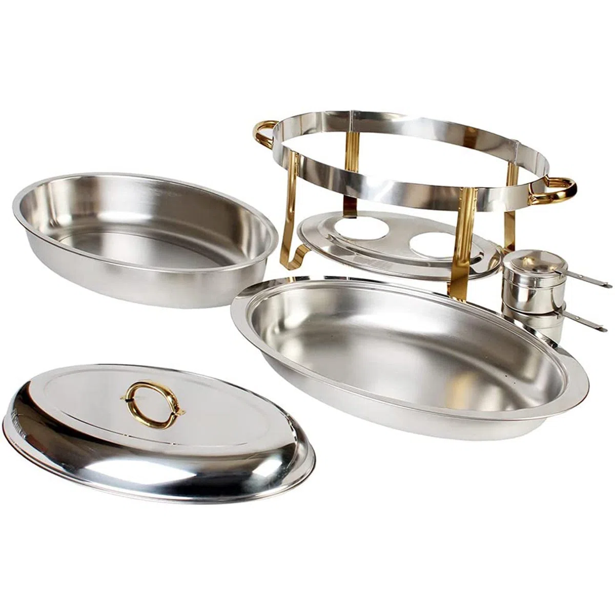Juego de platos para rozaduras de 6 cuartos de galón, calentador de buffet ovalado con bandeja para alimentos, bandeja de agua, marco, tapa y soporte de combustible para catering y eventos