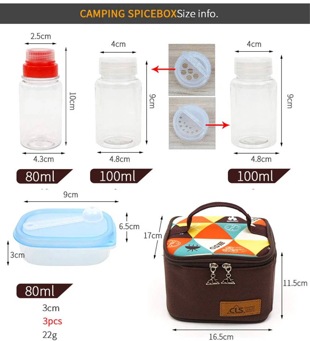 Tarros de especias para camping, sal, azúcar, pimienta con tapa giratoria y bolsa de embalaje para cocina y barbacoa (juego de 10)