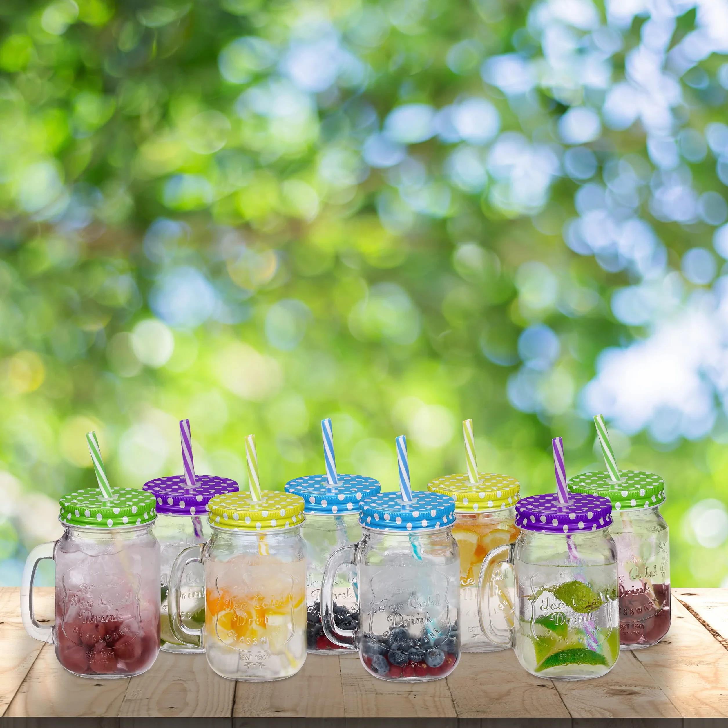 Relaxdays Jarras con Tapa y Pajita, Set de 4 Jarritas Limonada, 500 ml, Vasos Retro Veraniegos con Asa, Multicolor
